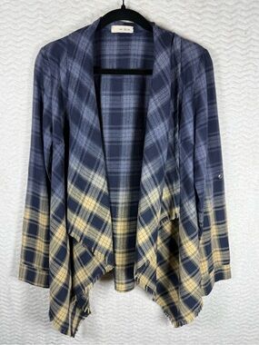 Plaid Open-Front Draped Cardigan Sweater - Blue & Cream. Flowy 🤩🧡 100% cotton 😎